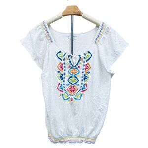 RXB Boho Peasant Blouse Embroidered Colorful Short Sleeve 100% Cotton Stretch XL